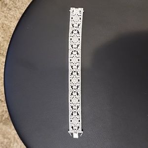 Wide Sterling Silver and Flower and Diamond Accent Bracelet 7.5 inches